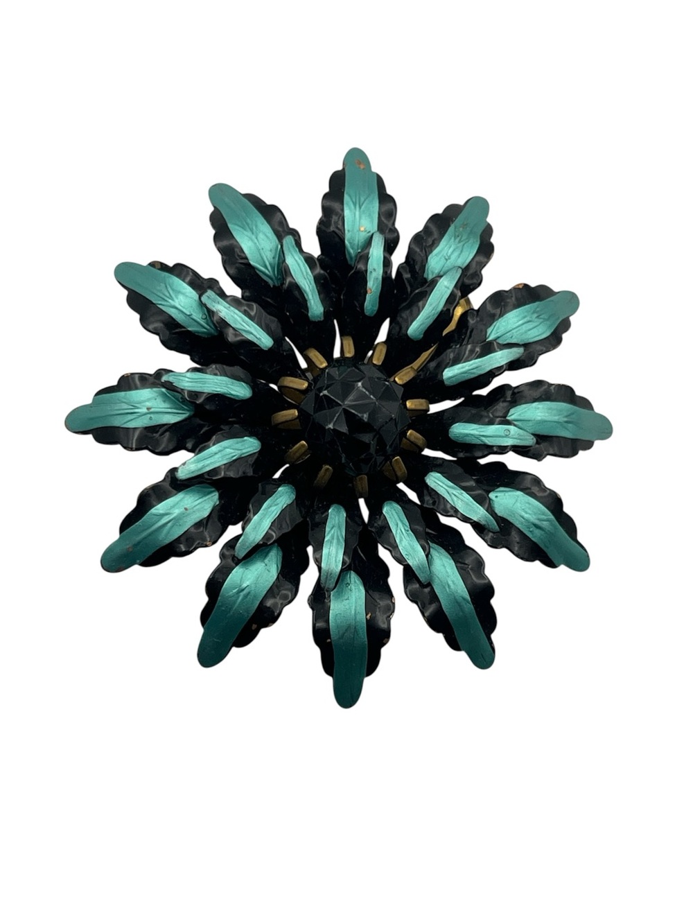 Retro black & blue flower enamel vintage gold tone brooch pin